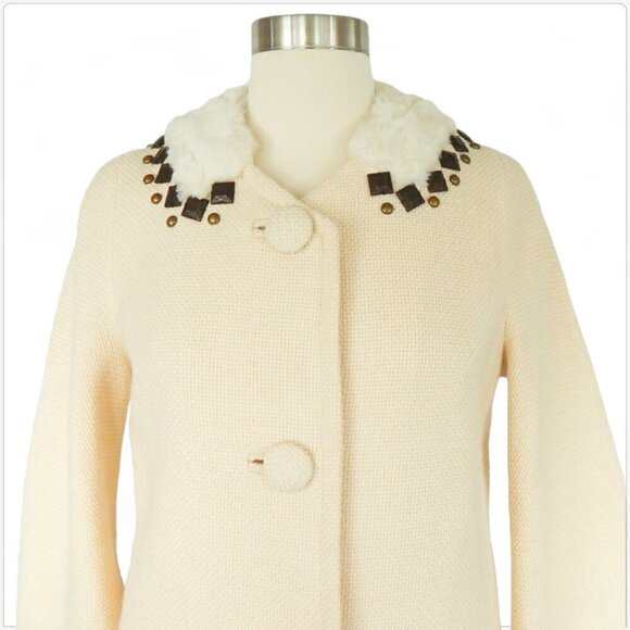 Rebecca Taylor Ivory White Fur Metal Studded Coat Jacket Vintage Style New NWT 4 - Picture 3 of 6